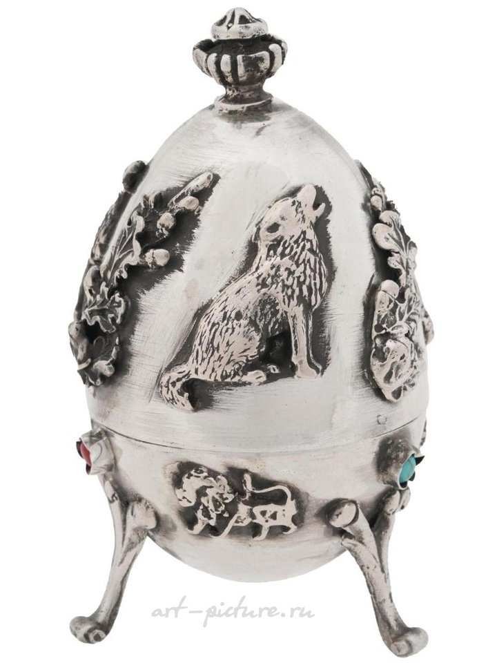 Russian silver , RUSSIAN 84 SILVER GEM STONES EGG BOX WITH FIGURINES
