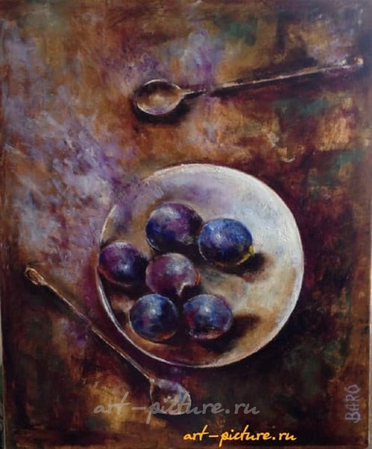 Синие плоды на белой тарелке холст/масло 