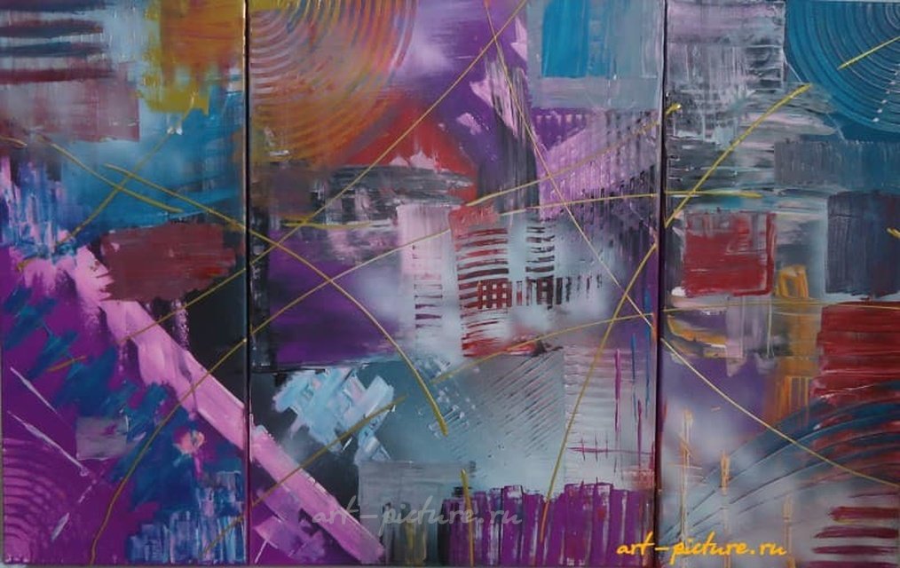 Magic city Модульный холст  (2х 30х70, 1х 50х70), акрил, абстракционизм 