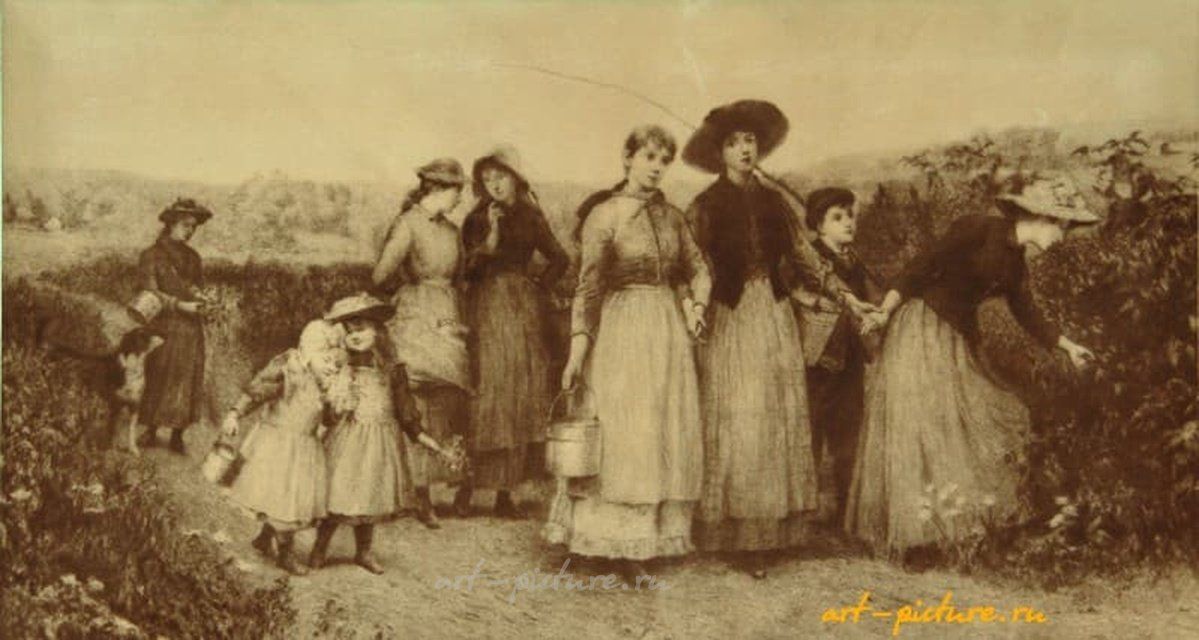 Сборщики ягод гравюра на натуральной коже 