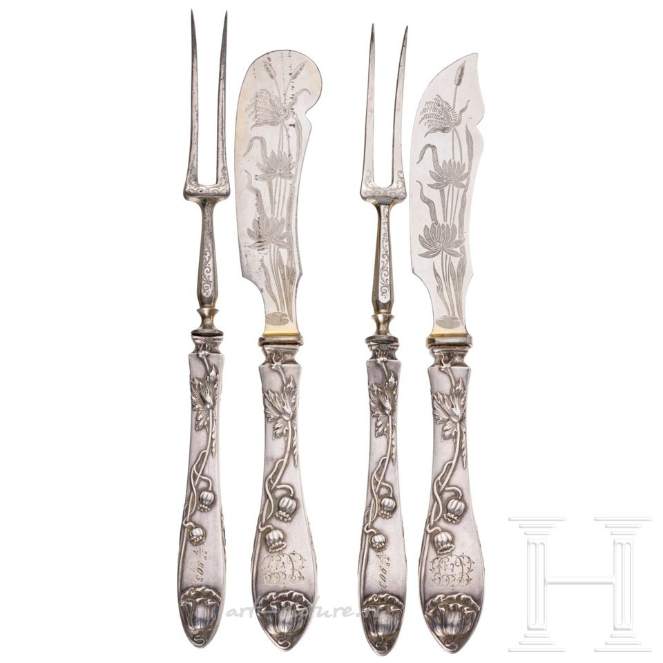 Русское серебро , Четыре столовых прибора в стиле модерн в футляре