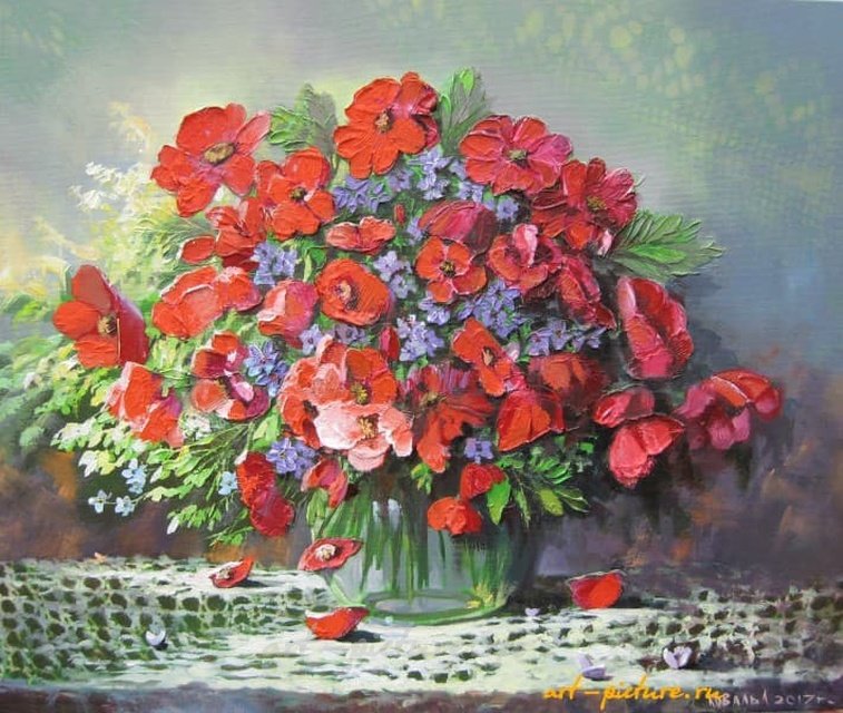 Маки и незабудки Масло , холст , акрил , мастихин 