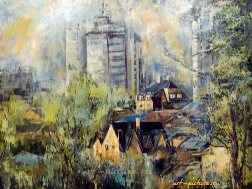 Вид на многоэтажки масло,холст