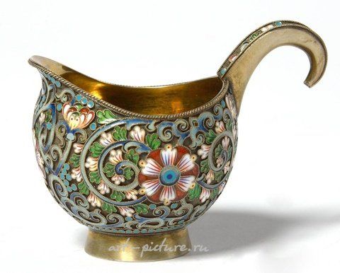 Русское серебро, Маленький "Ковш" из серебра и позолоты 88 золотников с эмалью в технике клоизонне...