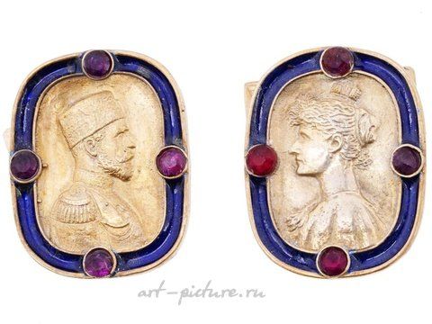 Русское серебро, Золоченые серебряные запонки с изображением Николая II и Александры