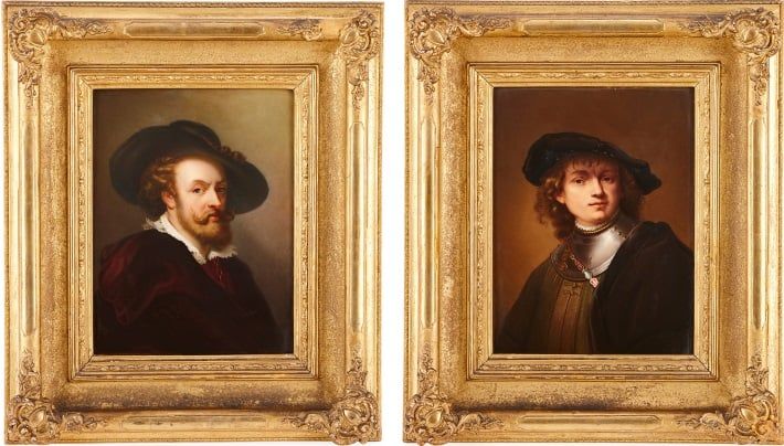 Pair of KPM porcelain plaques depicting portraits after Rubens and Rembrandt, 19th Century
